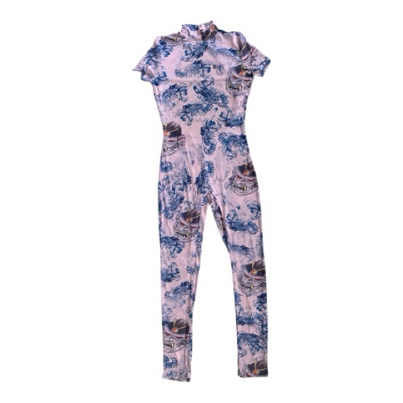 Abstract Sheer Mesh Jumpsuit, Pink and Blue - Picture 2 of 11